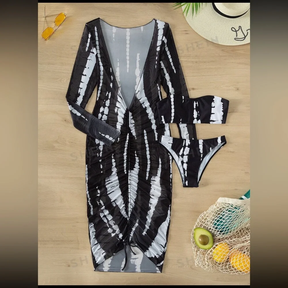 NEW Women's 3 Piece Bikini & Drawstring Cover Up Set- Sz Lg - Picture 3 of 9